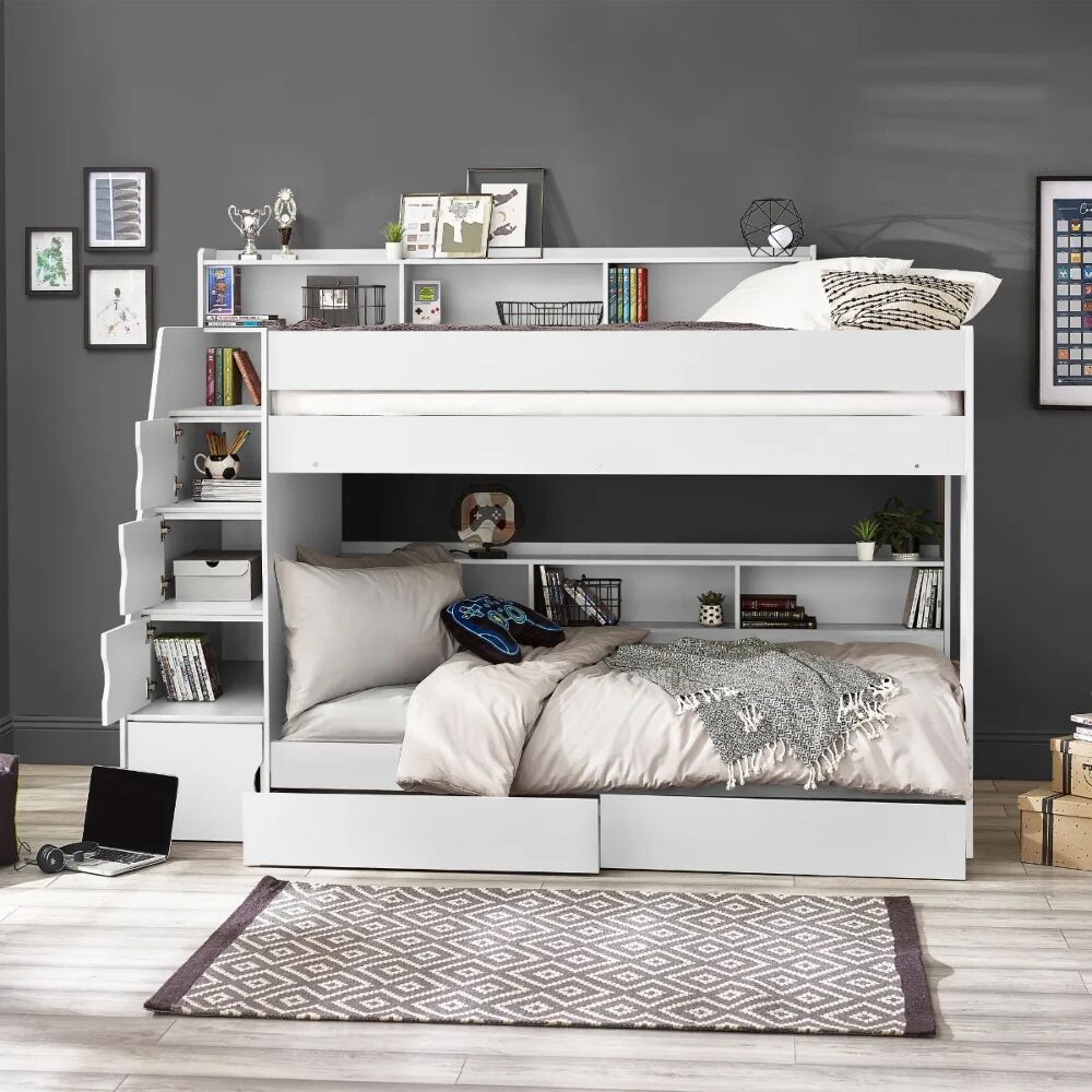 Camelot Staircase Bunk Bed in White is ideal for small bedrooms featuring two full sized single beds and loads of convenient storage.