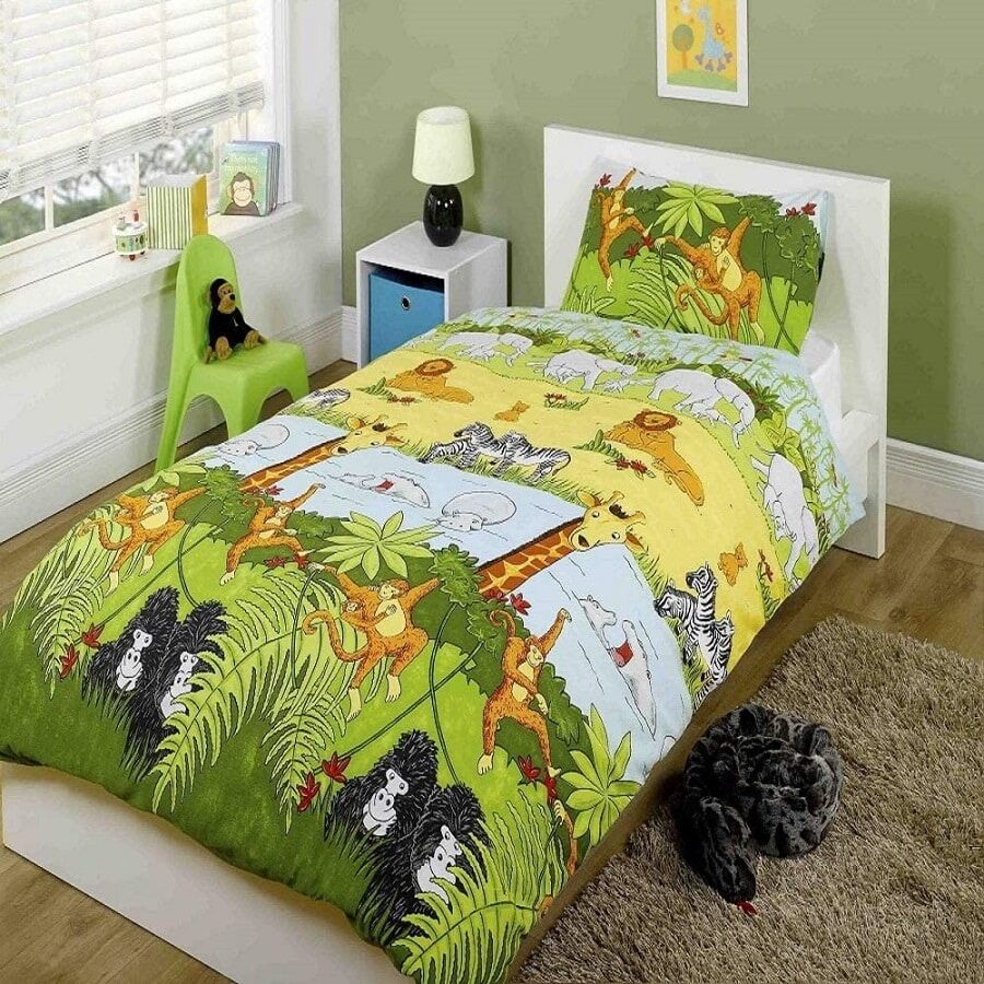 Cheeky Monkey Duvet Cover Set is bright and cheery kids bedding set, featuring a cartoon savanna full of playful animals.