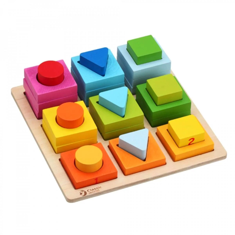 Classic World Geometric Puzzle is a wonderful wooden toy that will help a young child develop shape and colour recognition.