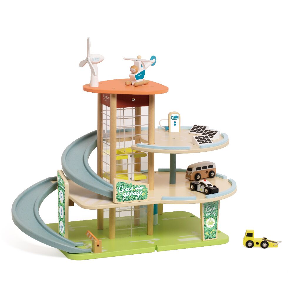 This Classic World Green Garage is an eco-friendly wooden toy crafted from FSC-certified wood and ramps made from bioplastic, and is sustainable and durable.