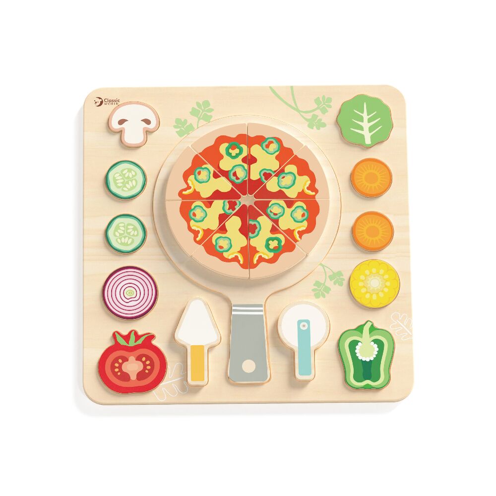 This Classic World Pizza Puzzle includes a variety of different wooden pizza toppings, such as tomatoes, onions, green peppers to name a few