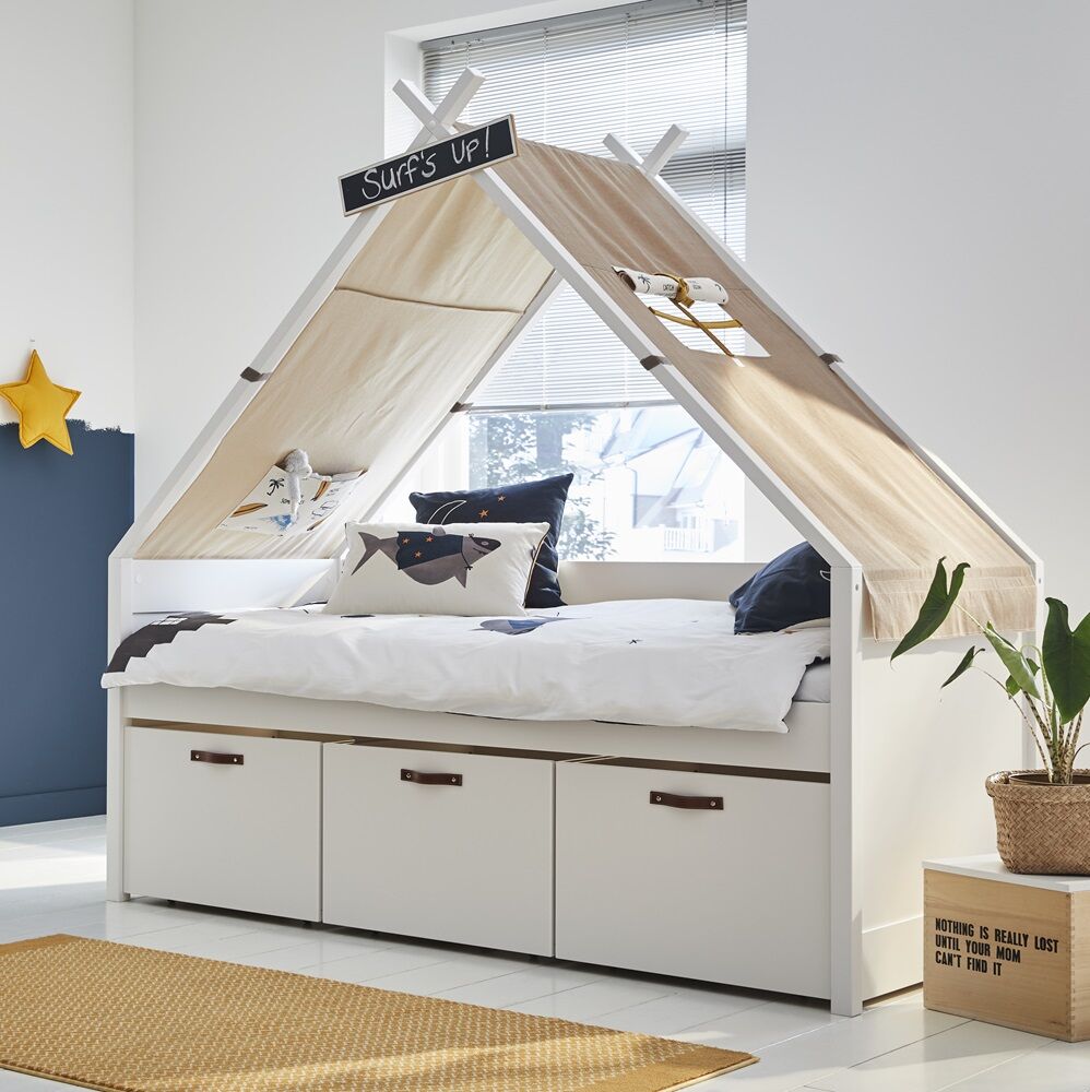 This Cool Kids Cabin Bed With Tipi Surf is a sleek, stylish Kids bed that comes complete with Teepee Frame, Canopy and three large Storage Boxes on wheels.