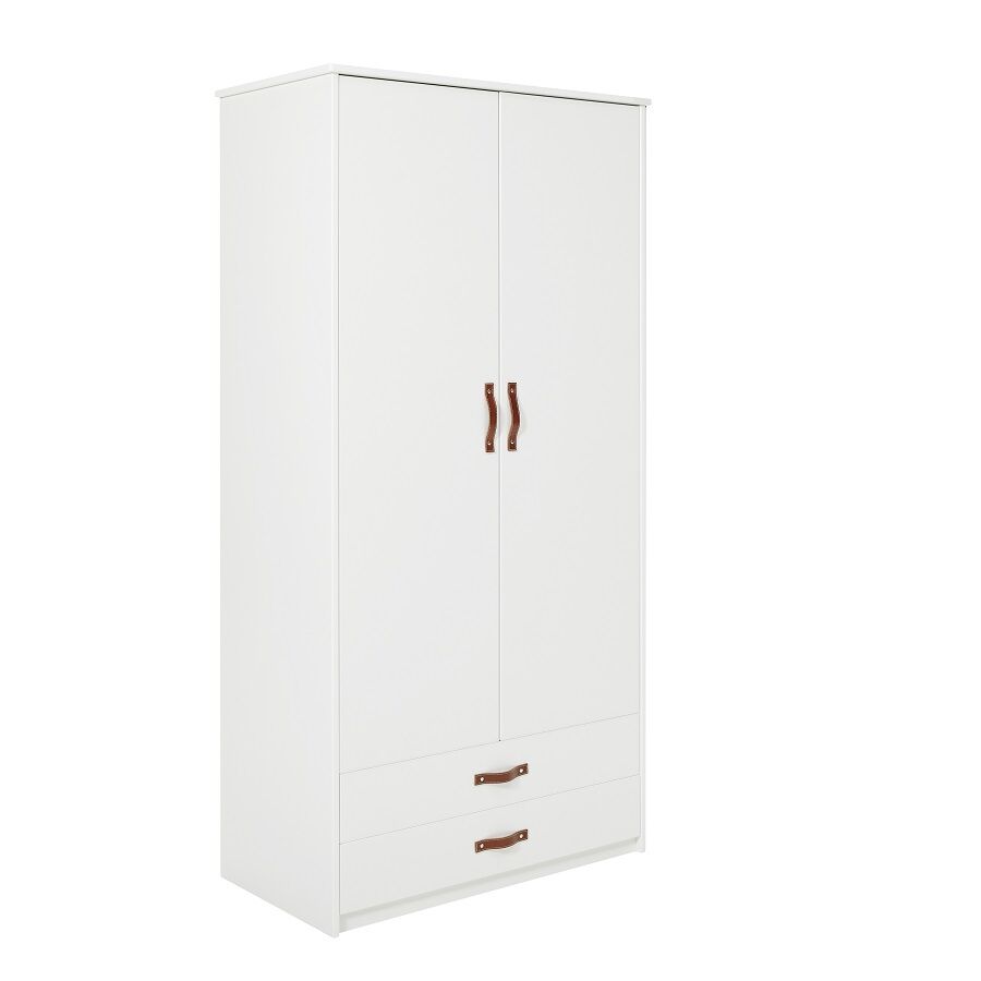 Cool Kids 2 Door Wardrobe features two Doors, two soft-close drawers with leather pulls, shelving & hanging rail, providing all the storage your kids need.