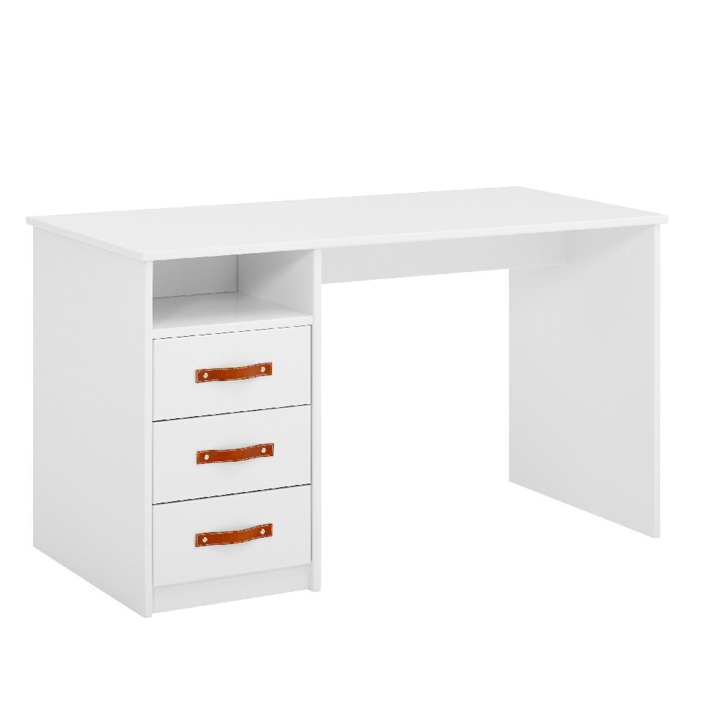 Cool Kids Desk is a sturdy, stylish and practical desk featuring an open shelf, three soft-close drawers with leather pulls and a generous work area.