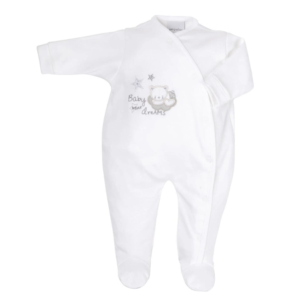 This Dandelion Baby Bear Dreams Cotton Sleepsuit comes in white featuring a cute sleepy bear appliqué and side popper for easy access.