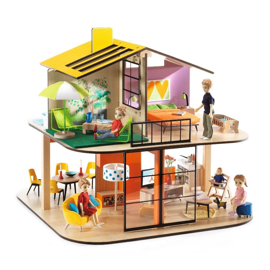 This Djeco Colour Doll House is inspired by modern architecture, features uncluttered design and bright, colourful interior, laid out over two bright and colourful levels that are easily accessible from all sides.