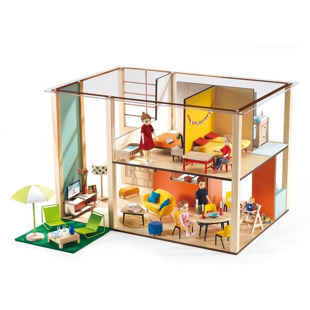Djeco Cubic Doll House, a chic modern architectural designed wooden dolls house on 2 levels that is sure to provide hours of imaginative fun.