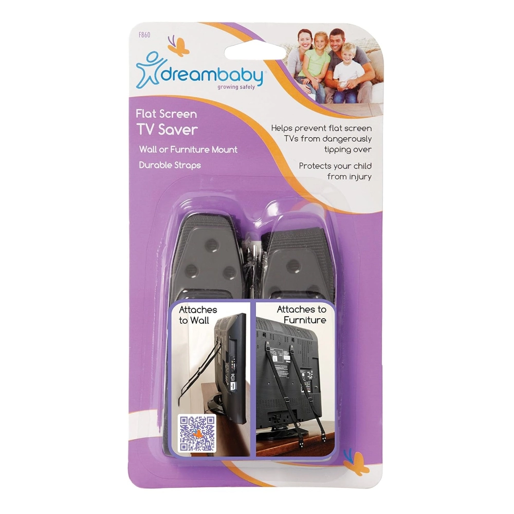 The Dreambaby Flat Screen TV Saver is designed to securely anchor the television to either the wall or furniture with the use of heavy duty adjustable