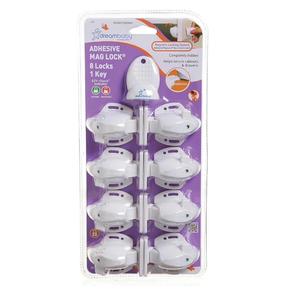 Dreambaby Adhesive Mag Locks are sturdy, invisible, and completely user-friendly. They adhere to the inside of opening furniture, like cabinets and drawers.
