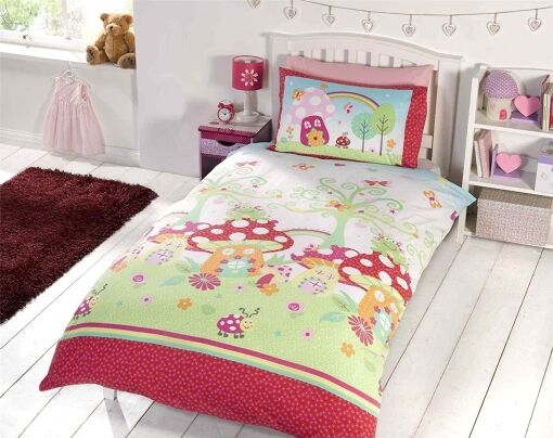 Enchanted Garden Duvet Cover features a cute magic garden themed design, with toadstools, butterflies, ladybug and a rainbow.