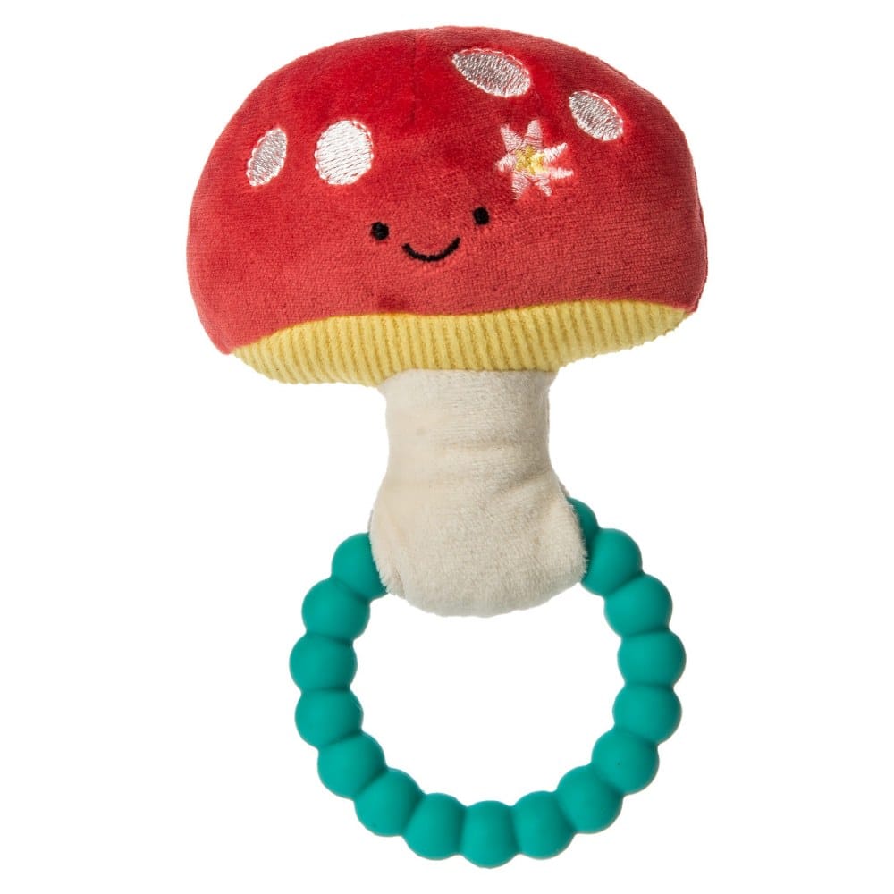 This Fairyland Mushroom Teether Rattle by Mary Meyer, features a red mushroom, charming spots and embroidered eyes and smile for total softness