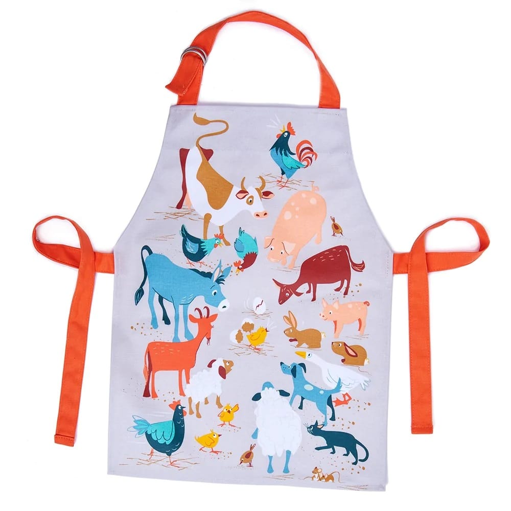The Threadbear Fred's Farm Apron is ideal for painting and baking. Suitable from 3-6 years this Apron is wipe clean and features all the animals you would