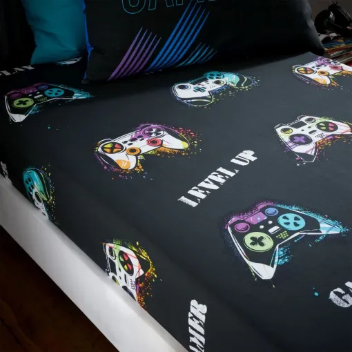 The Game Over Double Fitted Sheet is a fun gaming design with a remote control and slogan print, "Game Over" for a cool night-time effect