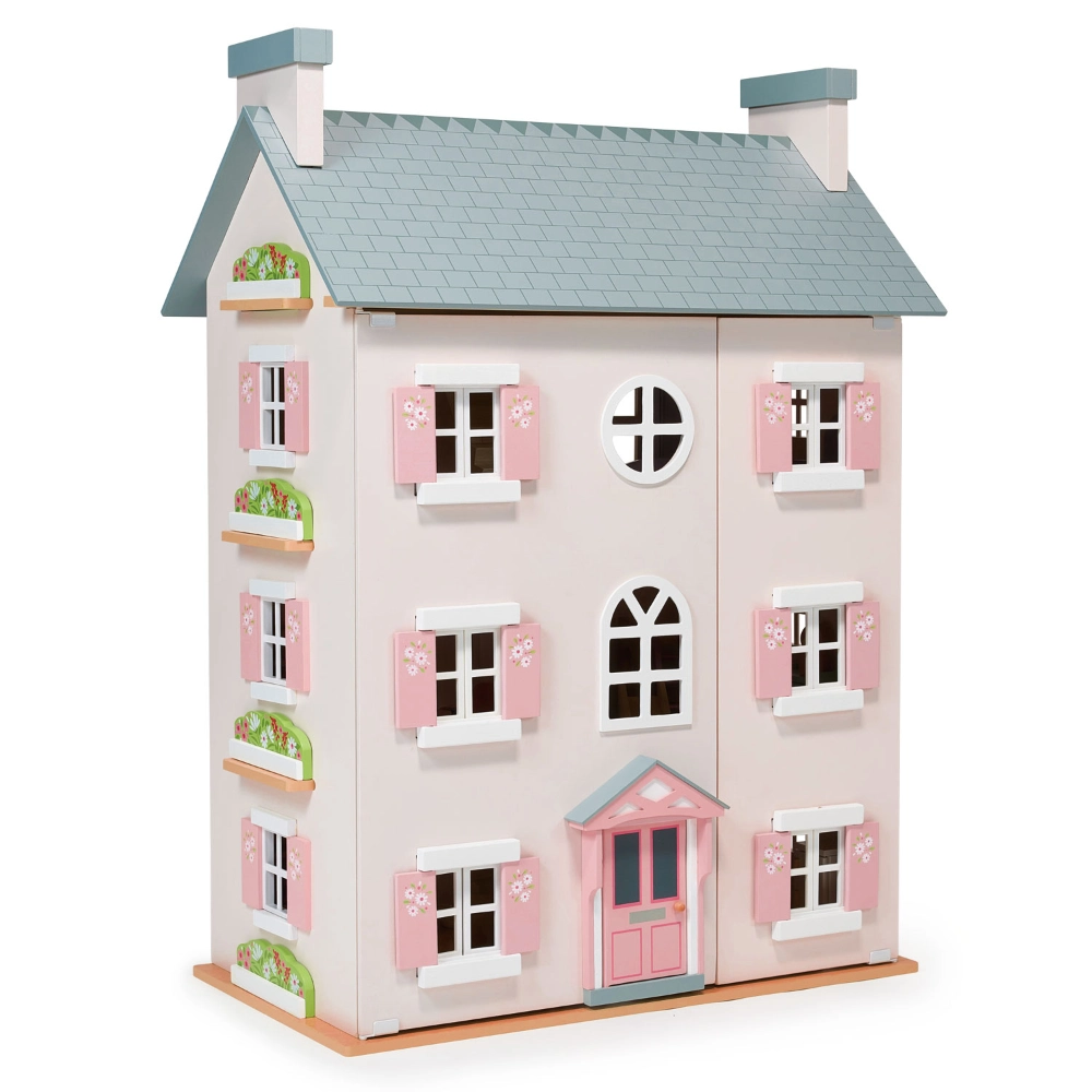 Heather Hall Dolls House is a wonderfully appointed wooden wooden dolls house laid out over 4 levels and with a two part front that closes over.