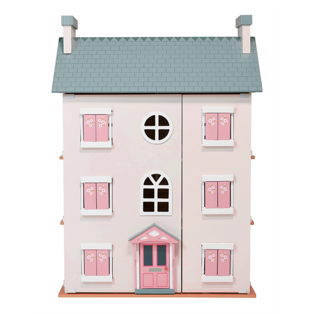 Wooden dolls house laid out over 4 levels and with a two part front that closes over, with opening and closing windows & doors.