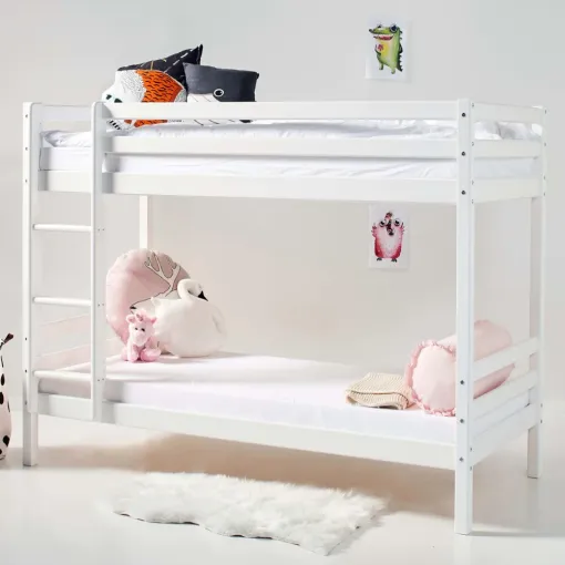 Hoppekids ECO Dream Bunk Bed is a sleek white, solid wood kids bunk bed which comfortably sleeps two, in the footprint of a single bed.