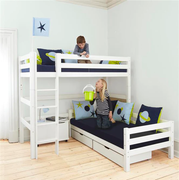 This Hoppekids ECO Luxury Corner Bunk Bed combination, consisting of two full sized single beds. One bed is a loft bed, which creates extra floor space in the room