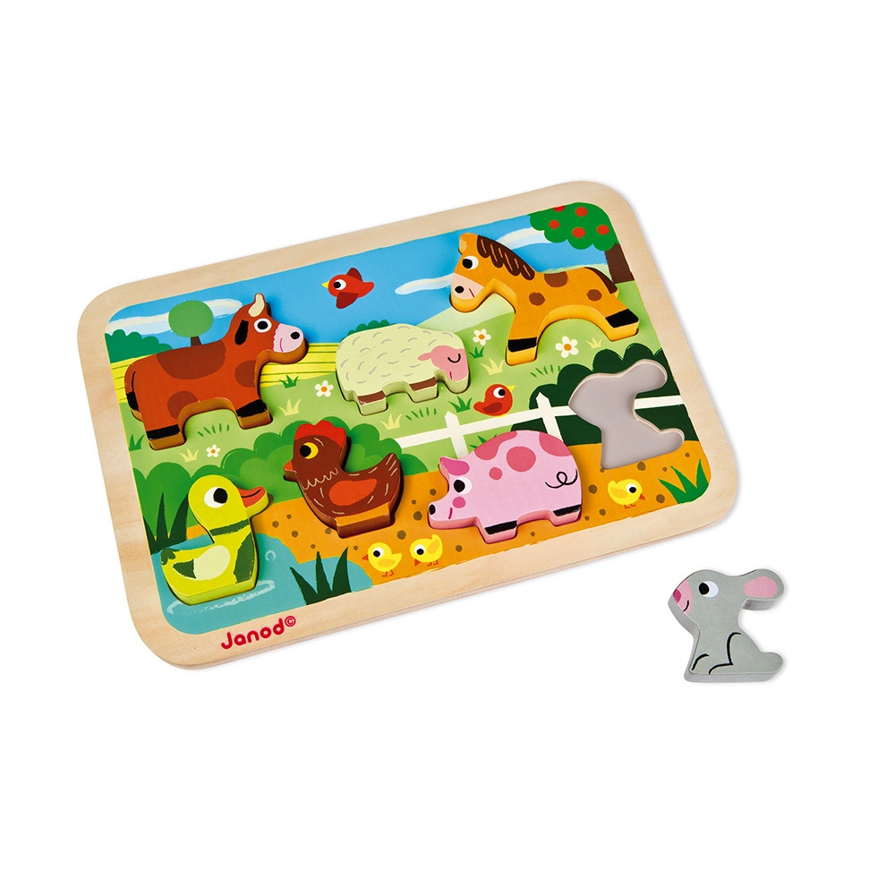 This Janod Farm Chunky Puzzle features seven cute, chunky wooden farm animals, a Cow, Horse, Sheep, Duck, Chicken Pig and Rabbit.