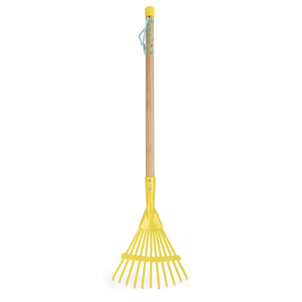 Janod Happy Garden Large Leaf Rake, a child sized metal rake with a wooden handle that would be great for introducing your child to the joy of gardening.