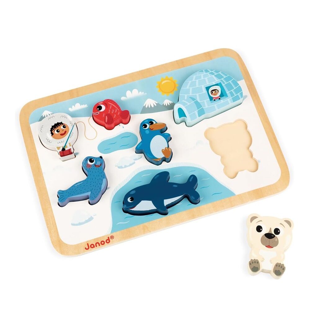 Janod Ice Field Chunky Puzzle is a fun Artic inspired 7 Piece chunky wooden jigsaw especially made for little hands, which is suitable from 18 months +