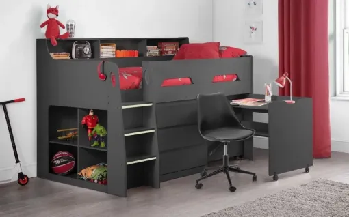 This Jupiter Midsleeper Cabin Bed is a very sturdy kids bed in contemporary anthracite finish and is an ideal space saving solution for smaller rooms.