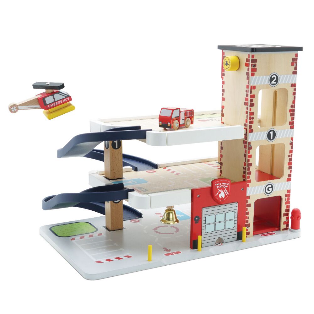 Le Toy Van Fire & Rescue Garage is a stunning wooden toy garage with an exciting fire and rescue theme, complete with fire engine and helicopter.