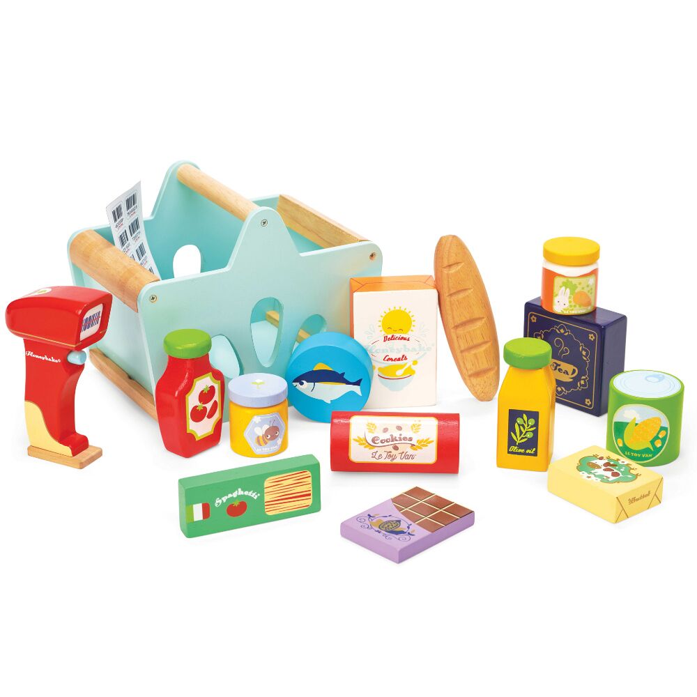 Le Toy Van Grocery Set & Scanner Playset with a wooden basket, over a dozen solid wooden grocery items plus a fun play barcode scanner & barcode stickers would be a great addition to any Play Shop or Kitchen.