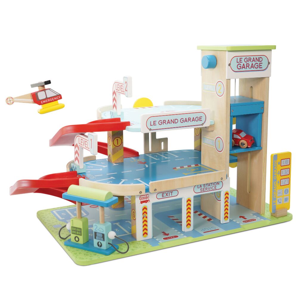 Le Grand Garage, a wonderful 3 story wooden toy garage by Le Toy Van with 2 spiral ramps and a working lift, plus a helipad, this impressive set also comes complete with a car, helicopter and petrol pump