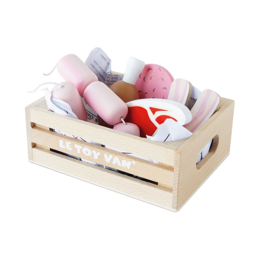Le Toy Van Meat Crate is a wooden crate complete with sausage, steak, chicken, salami & bacon pieces, perfect for pretend play activities.