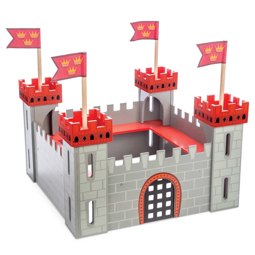 Le Toy Van My First Castle is a colourful wooden toy castle with red turret tops, that features a lifting portcullis and running boards, finished in grey stonework with crown and three lions motifs