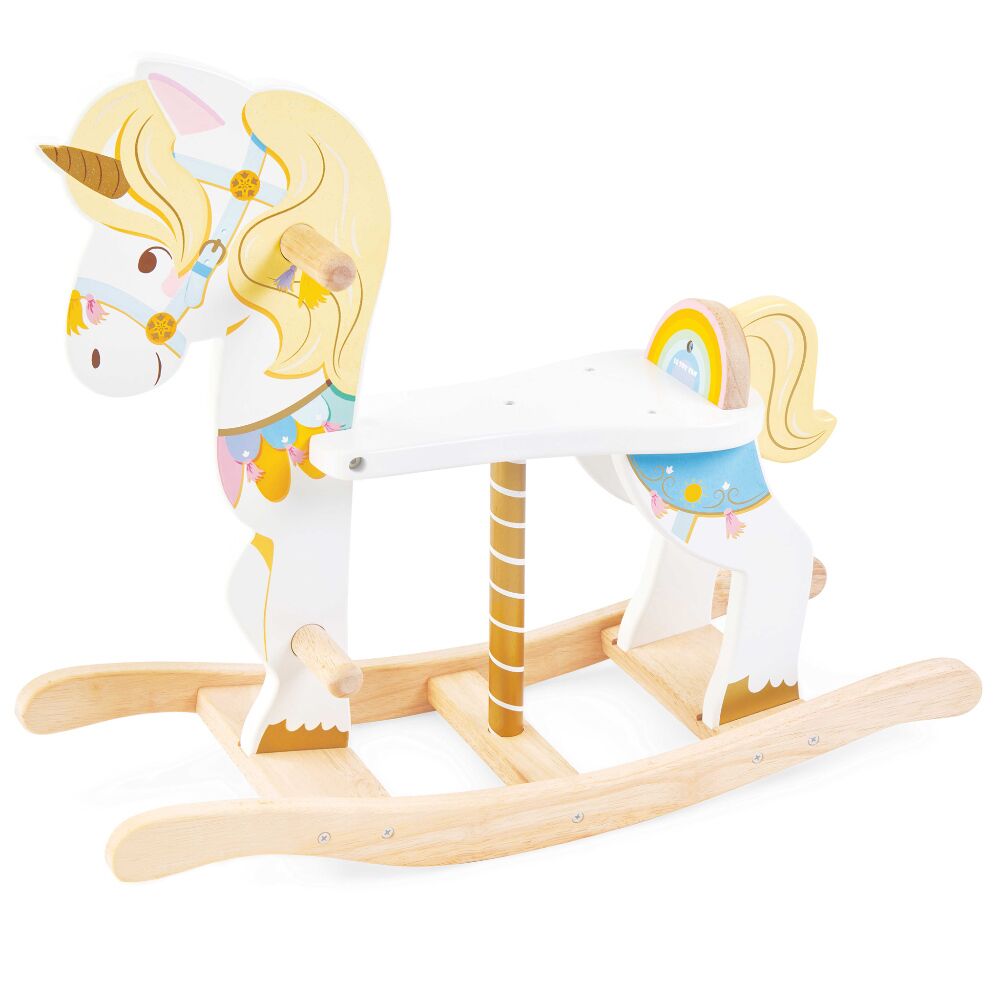 Le Toy Van Rocking Unicorn Carousel is a stunning, award winning, ride on wooden toy, a wonderful modern take on a classic wooden rocking horse.