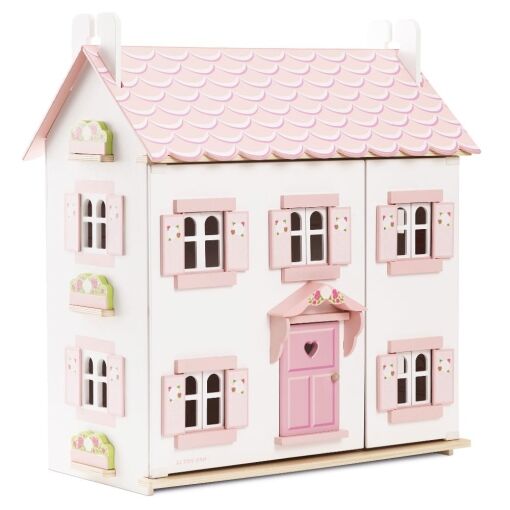 Le Toy Van Sophie's Dolls House is a beautiful white wooden dolls house laid out over 3 levels with a pink sparkling roof and windows.