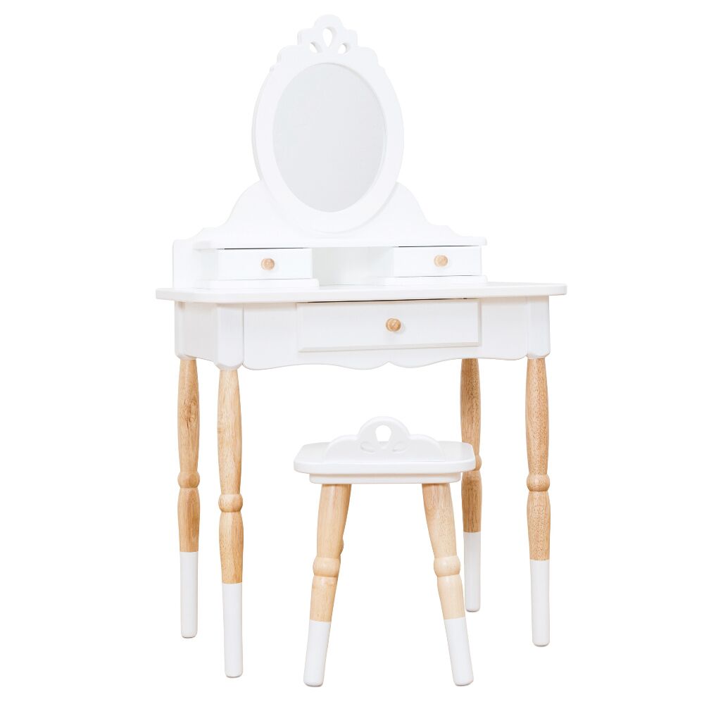 Le Toy Van Vanity Table with Stool features an oval Victorian inspired mirror on a 2-tiered table with storage drawers, beautiful wooden turned legs