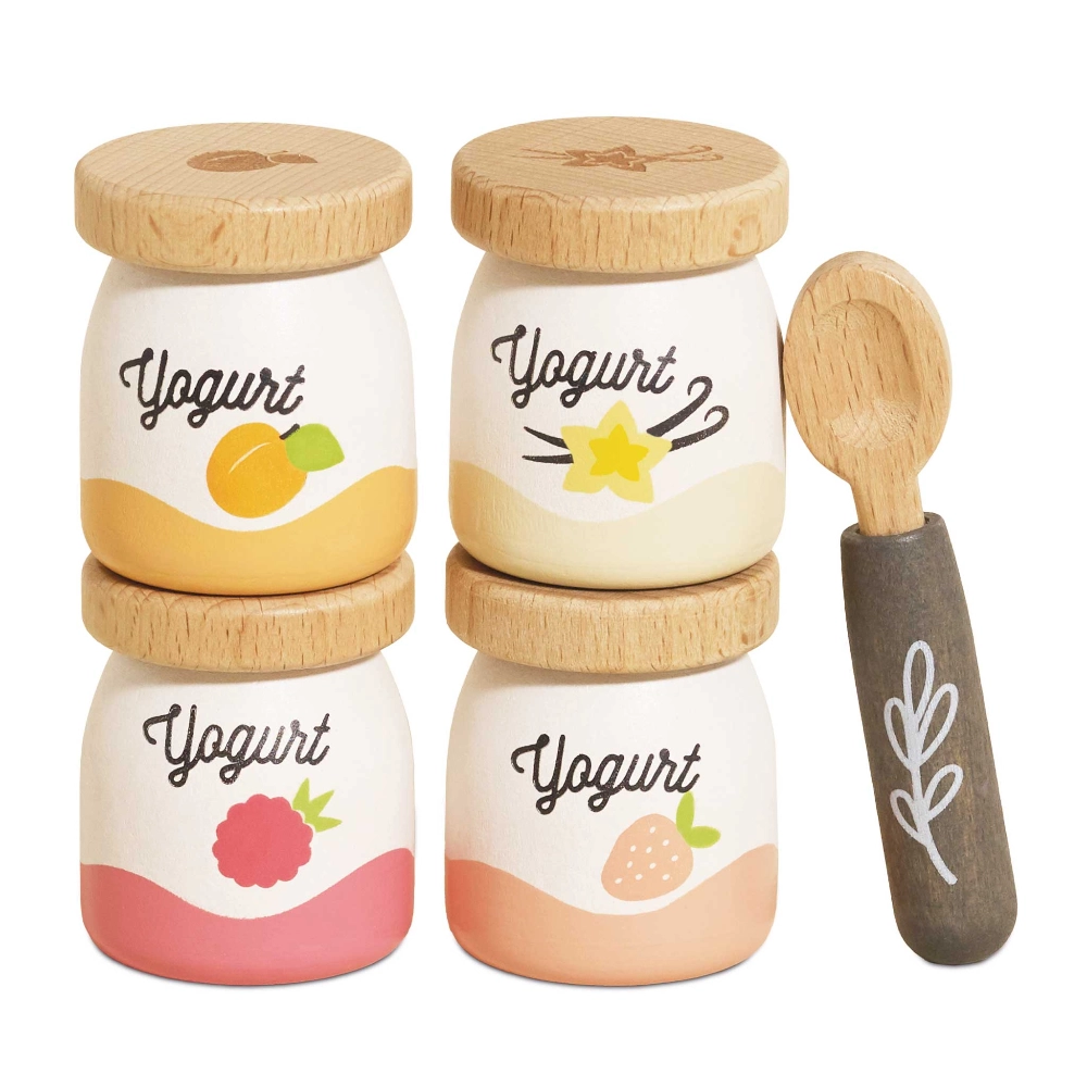 This Le Toy Van Yoghurt Play Food Pack is a great plastic free toy that would be a great addition to any play kitchen or shop.