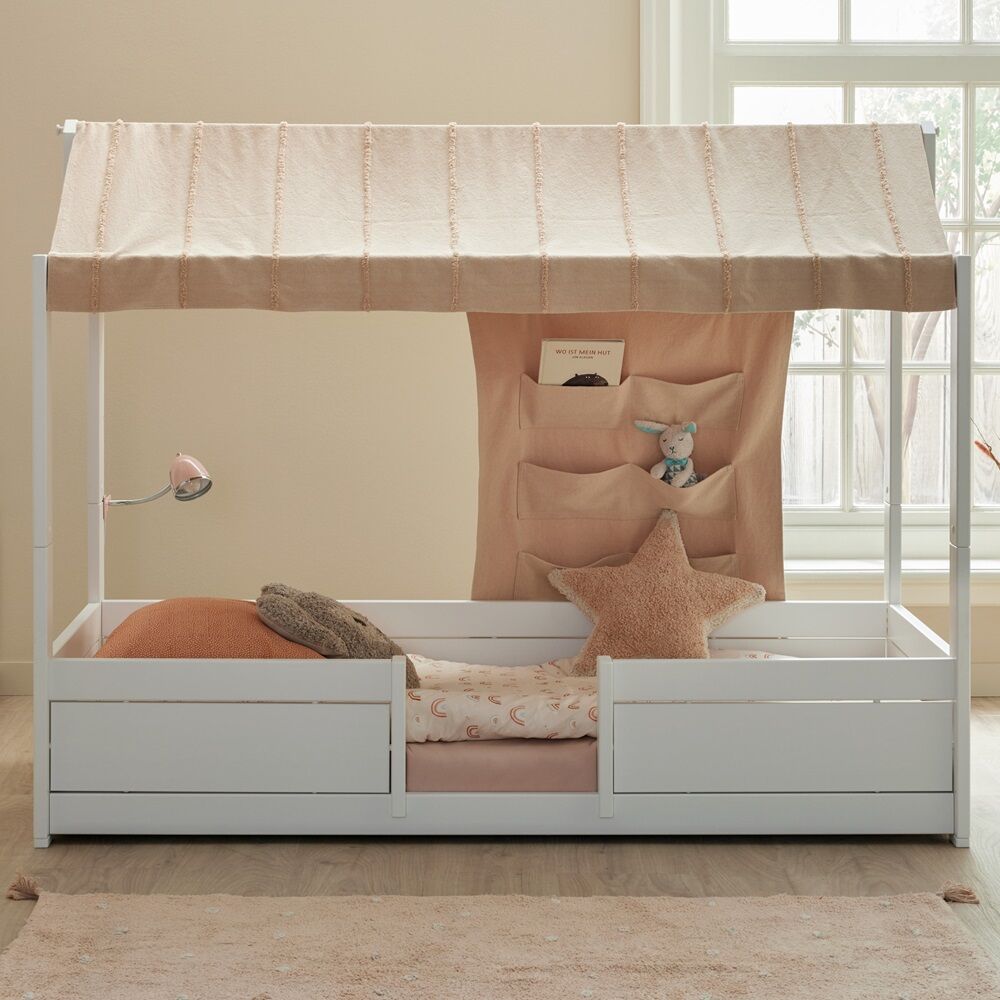 Lifetime 4 in 1 Bed with Peach Fabric Roof, is a uniquely adaptable Kids Bed that grows with your child, from low 4 Poster Bed, to Midi, to Single Bed