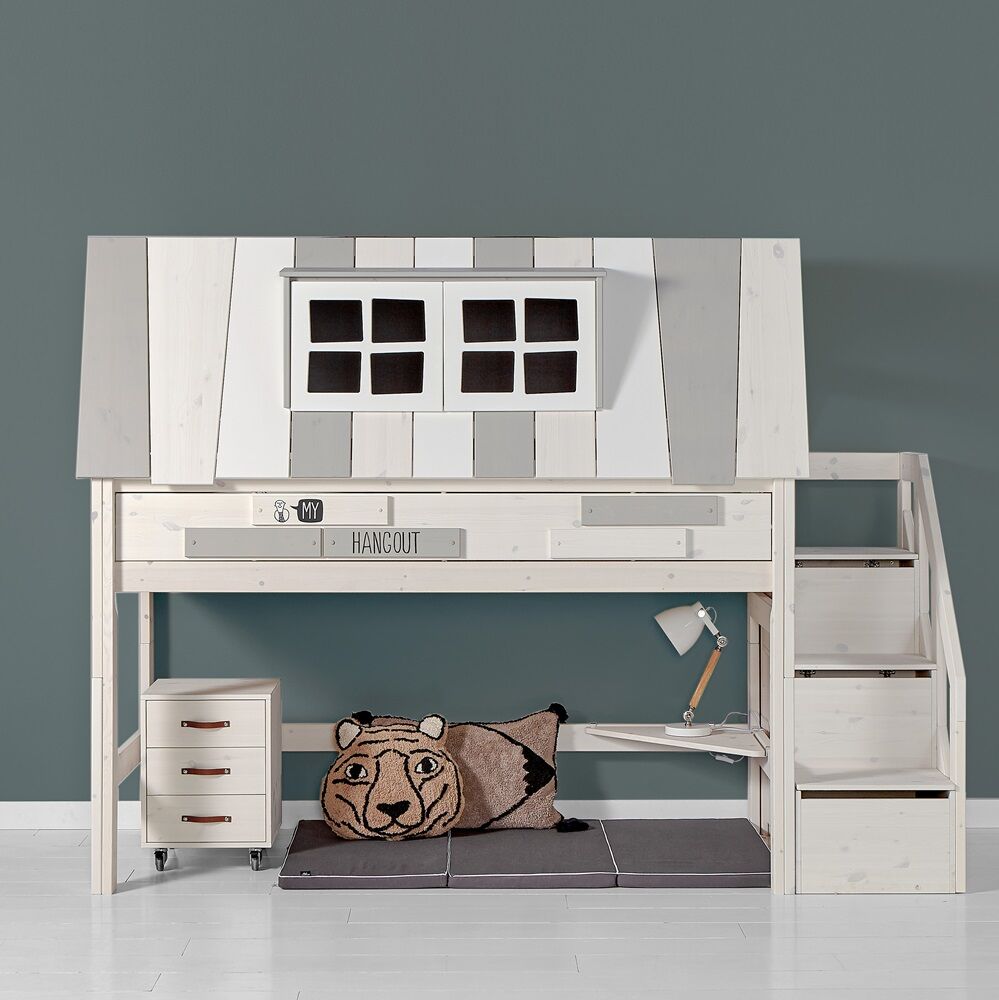 Lifetime Semi High Hangout Bed With Steps combines fun and function this Mid Sleeper Tree House Bed that comes with a set of storage steps with a sturdy handrail, which can be arranged on the Left or Right hand side of the bed.