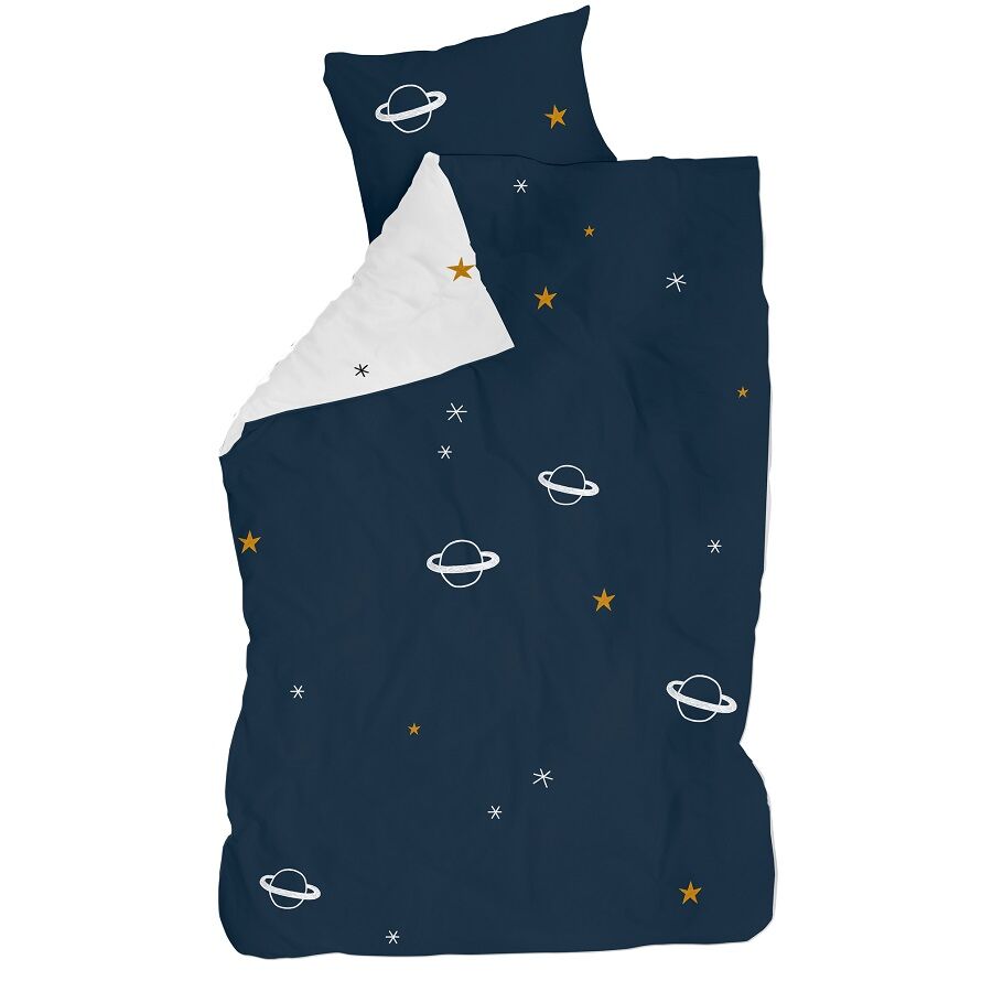 Lifetime Space Dream Duvet Cover & Pillowcase is a reversible bedding set, made from 100% Soft Satin Cotton and features an Outer Space theme on a navy background. The reverse features playful Planets and Stars on a white background.