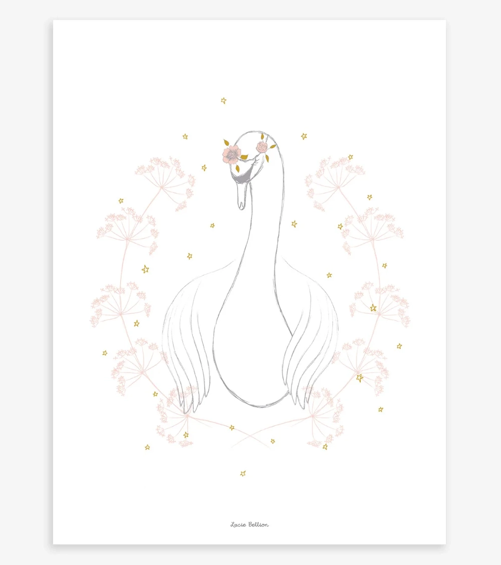 This Lilipinso Botany Poster - Swan And Flowers art print features a pretty Swan surrounded by summer flowers set in a white background.