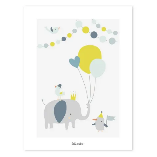 This Lilipinso Party Animals With Balloons art print features cute animals in greys, blues with a splash of yellow, set in a white wooden frame
