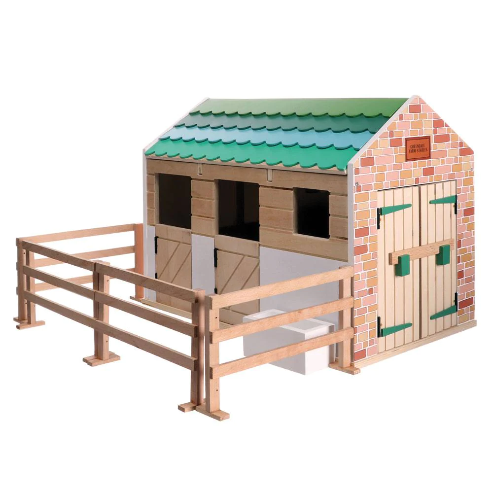 Lottie Doll Stable feature two horse stalls with traditional style half doors, horse tack room with bench, shelf and hanging hooks