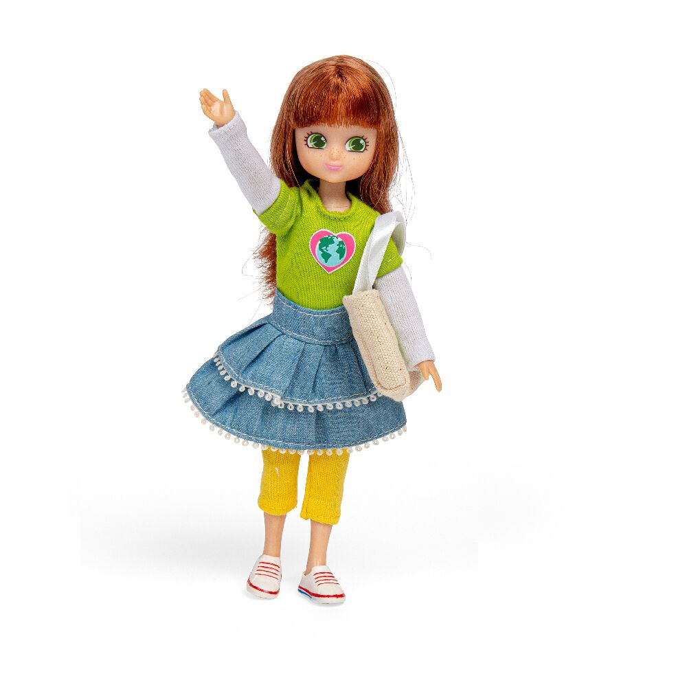 Lottie Planet Rescuer Doll is ready to reduce, reuse, and recycle! doing her bit to try and protect Mother Earth! She is wearing a green and white shirt with planet Earth decal, tiered denim skirt, yellow leggings, and white trainers
