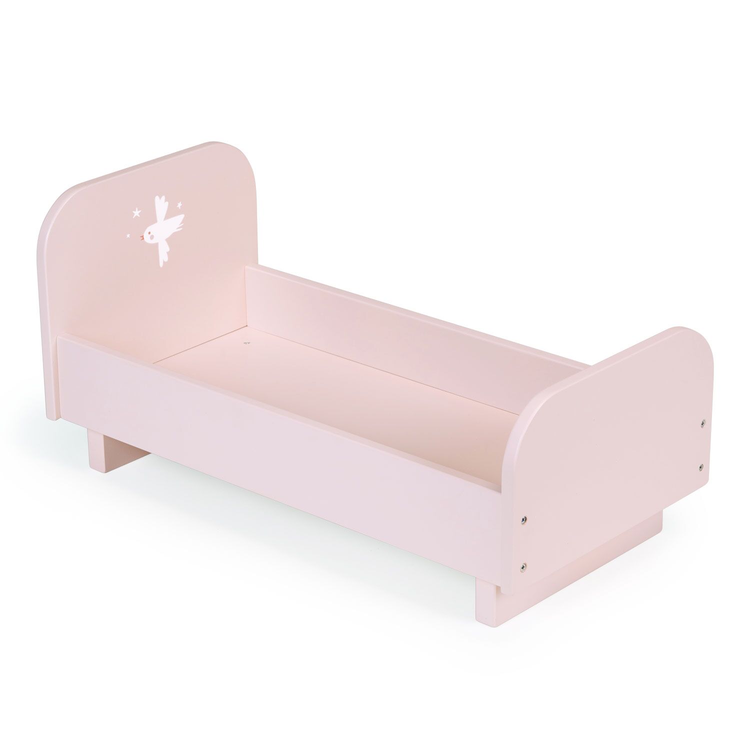 Mentari Baby Doll Cot, finished in pastel pink with a little bird motif would be ideal for baby dolls or teddy bears! Suitable for age 3 years +
