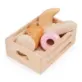Mentari Bakery Crate is a wooden play food market crate containing a croissant, a baguette, a doughnut, a pain au chocolat, and 2 burger buns.