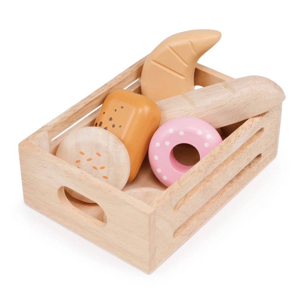 Mentari Bakery Crate is a wooden play food market crate containing a croissant, a baguette, a doughnut, a pain au chocolat, and 2 burger buns.