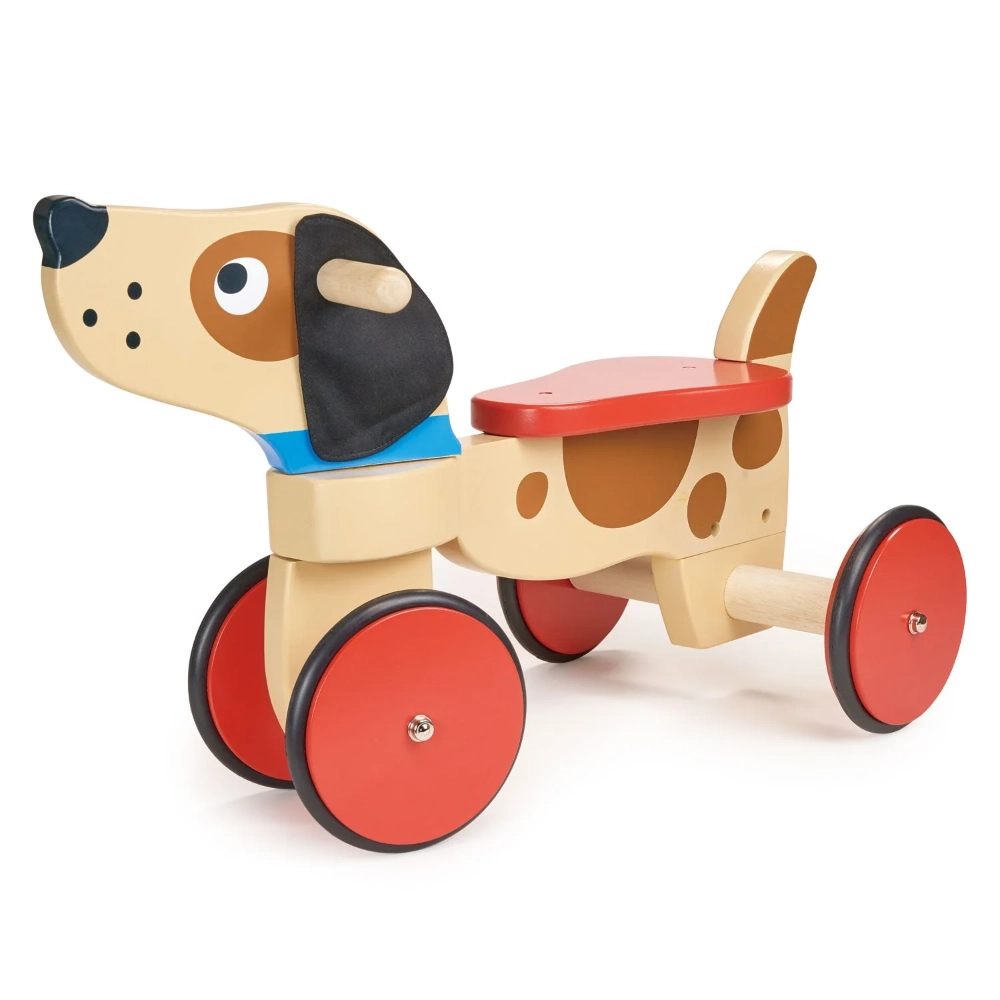 The Mentari Ride on Puppy is a charming wooden ride-on toy with fabric ears, designed to spark imagination and encourage active play