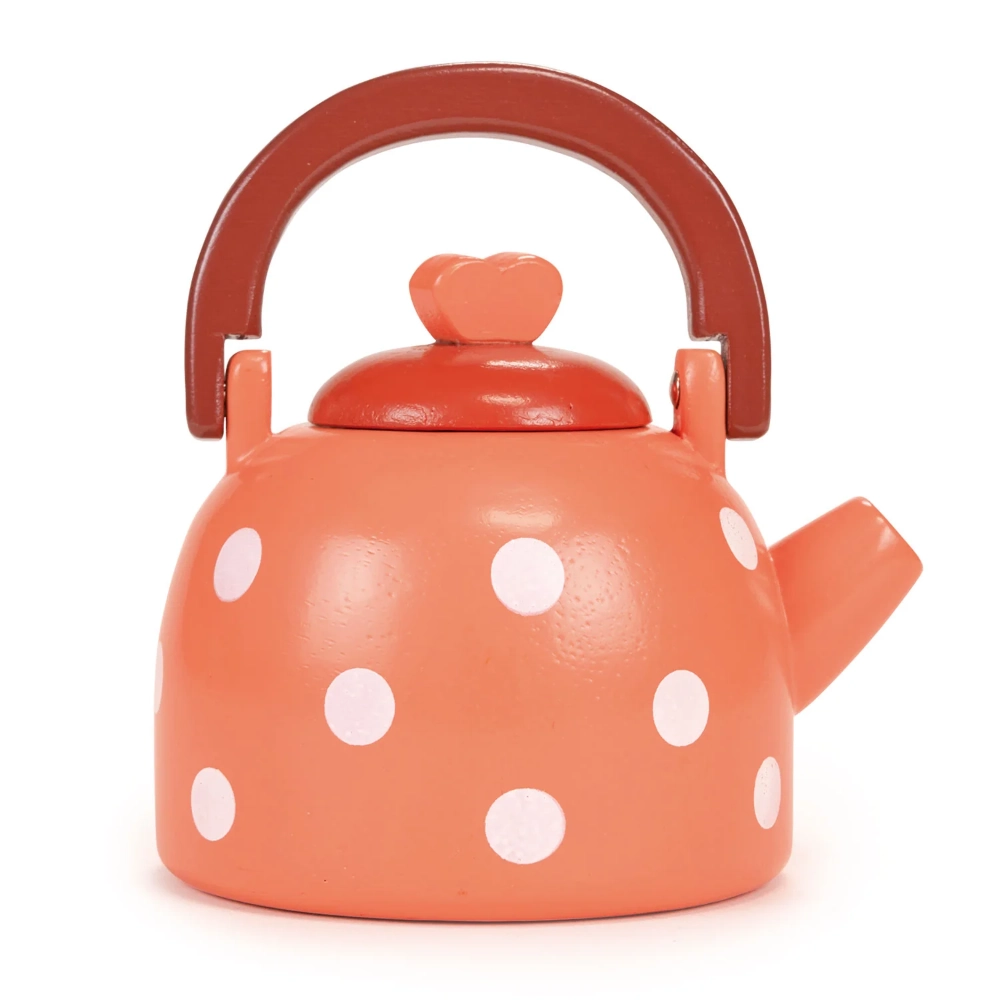 This Mentari Toys Dotty Kettle, is a charming wooden toy that would be ideal for tea time fun, featuring a handle for pouring and a removable lid.