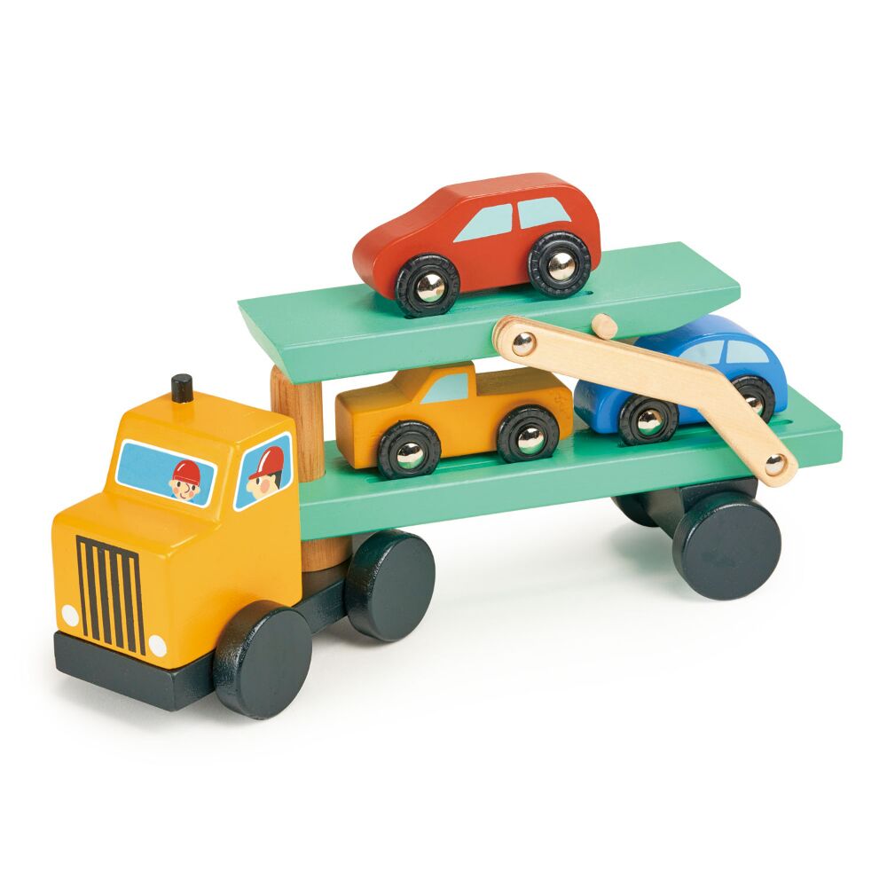 Mentari Toys Vehicle Transporter is a wonderful wooden car transporter complete with 3 different coloured cars. and a moveable upper deck.
