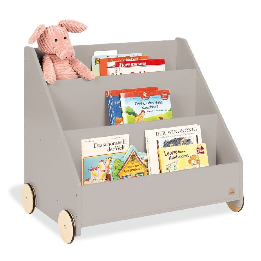 Pinolino Childrens Book Storage With Wheels comes with 3 tiered compartments, 1 secret compartment and 4 rubberized wooden wheels.