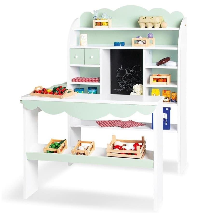 Pinolino Shop Wilma is a beautiful trendy wooden play shop, perfect for your budding shopkeeper that will look well in any setting with it curved details and pastel colours.