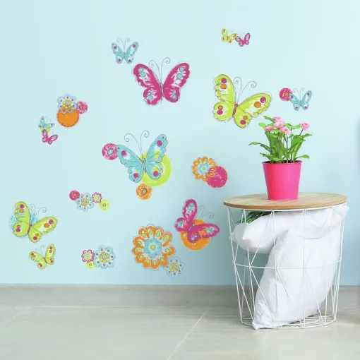 These RoomMates Brushwork Butterfly Wall Stickers feature fluttering butterflies and pretty flowers in pretty colours.